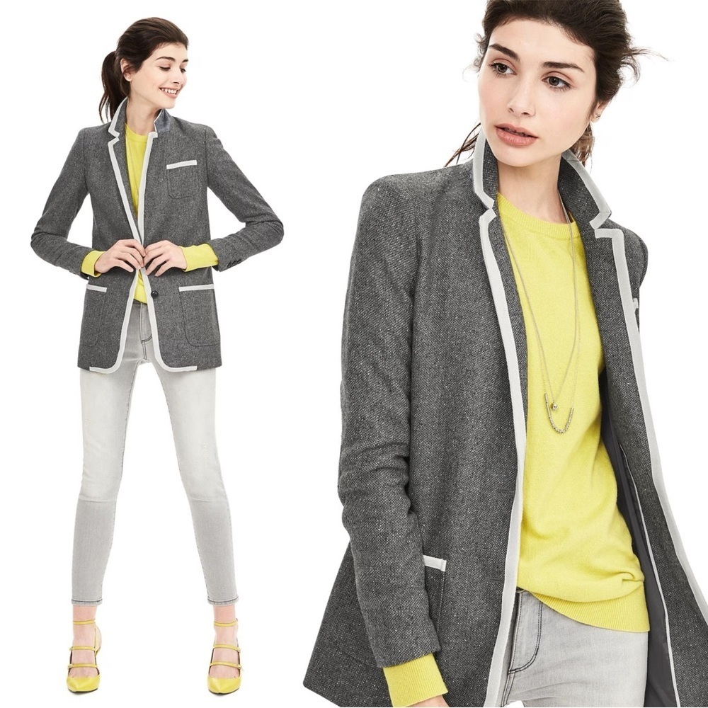 Banana Republic • Piped Grey Hack ing Jacket blazer two tone wool tweed long